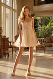 Juliet JT881 Feather Strap Beaded Short Tulle Party Dress