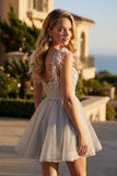 Juliet JT881 Feather Strap Beaded Short Tulle Party Dress