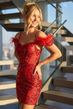 Juliet JT897 Feather Strap Sequin Short Cocktail Dress