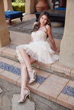 Juliet JT881 Feather Strap Beaded Short Tulle Party Dress