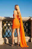 Juliet JT937R One Shoulder Cape Leaf Lace Corset Cocktail Dress