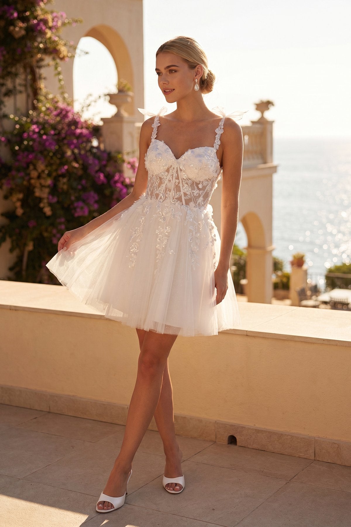 Juliet JT972LW Baby Doll White Dress with Floral Appliqué, Corset Bodice and Bow-Tie Straps