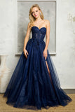 Juno A1029 Long Embroidered Lace Applique Strapless A-Line Tulle Gown