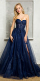 Juno A1029 Long Embroidered Lace Applique Strapless A-Line Tulle Gown