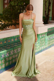 Nox Anabel K1521 Lace-Up Satin Pleated Top Dress with Slit