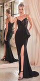 Ladivine KV1100 Long Fitted Black Gown With Side Peplum