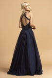 Aspeed Design L2089 Navy Blue Halter Beaded Long Prom Dress Open Back