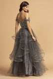 Aspeed Design L2161 Cold-Shoulder Tiered Long Prom Dress Charcoal