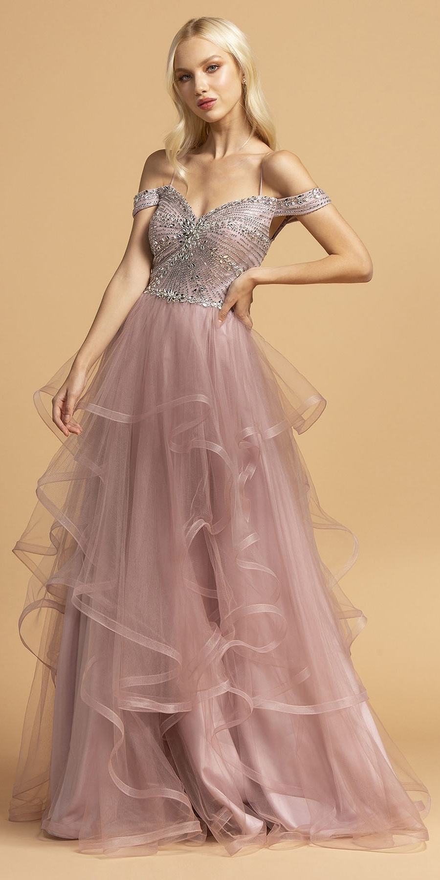 Aspeed L2161 Long A-Line Cold Off Shoulder Tiered Prom Dress