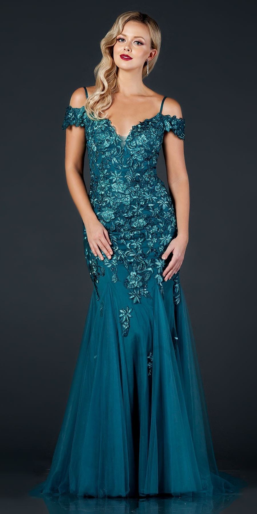 Aspeed Design L2170 Cold-Shoulder Appliqued Long Prom Dress Teal
