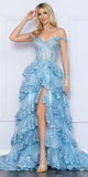 Nox Anabel R1299 Long Off the Shoulder Tiered Skirt A-Line Formal Gown