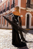 Nox Anabel R1312 Long Chiffon Cape Sleeve Fitted Satin Formal Gown