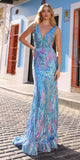 Nox Anabel R1402 Long Plunging V-Neck Fitted Sequin Print Gown