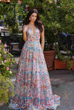 Nox Anabel R1430 Sequin Floral Applique A-Line V-neckline Evening Gown