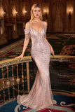 Ladivine SF209 Cold Off The Shoulder Fringe Beaded Mermaid Gown