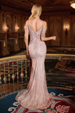 Ladivine SF209 Cold Off The Shoulder Fringe Beaded Mermaid Gown
