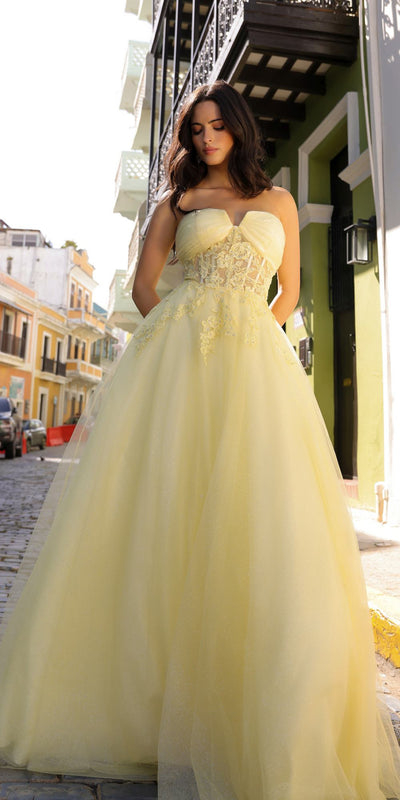 Nox Anabel T1326 Long Strapless Bonded Bodice Glitter Tulle A-Line Gown