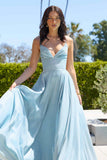 Ladivine Amoris T214 Sleeveless Spaghetti Strap A-Line Glitter Gown - LIGHT BLUE