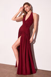 Astee T502 Halter Top V-Neckline Evening Gown with Leg Slit