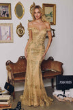 Amoris T613 Fitted Off the Shoulder Sequin Lace Sweep Train Gown