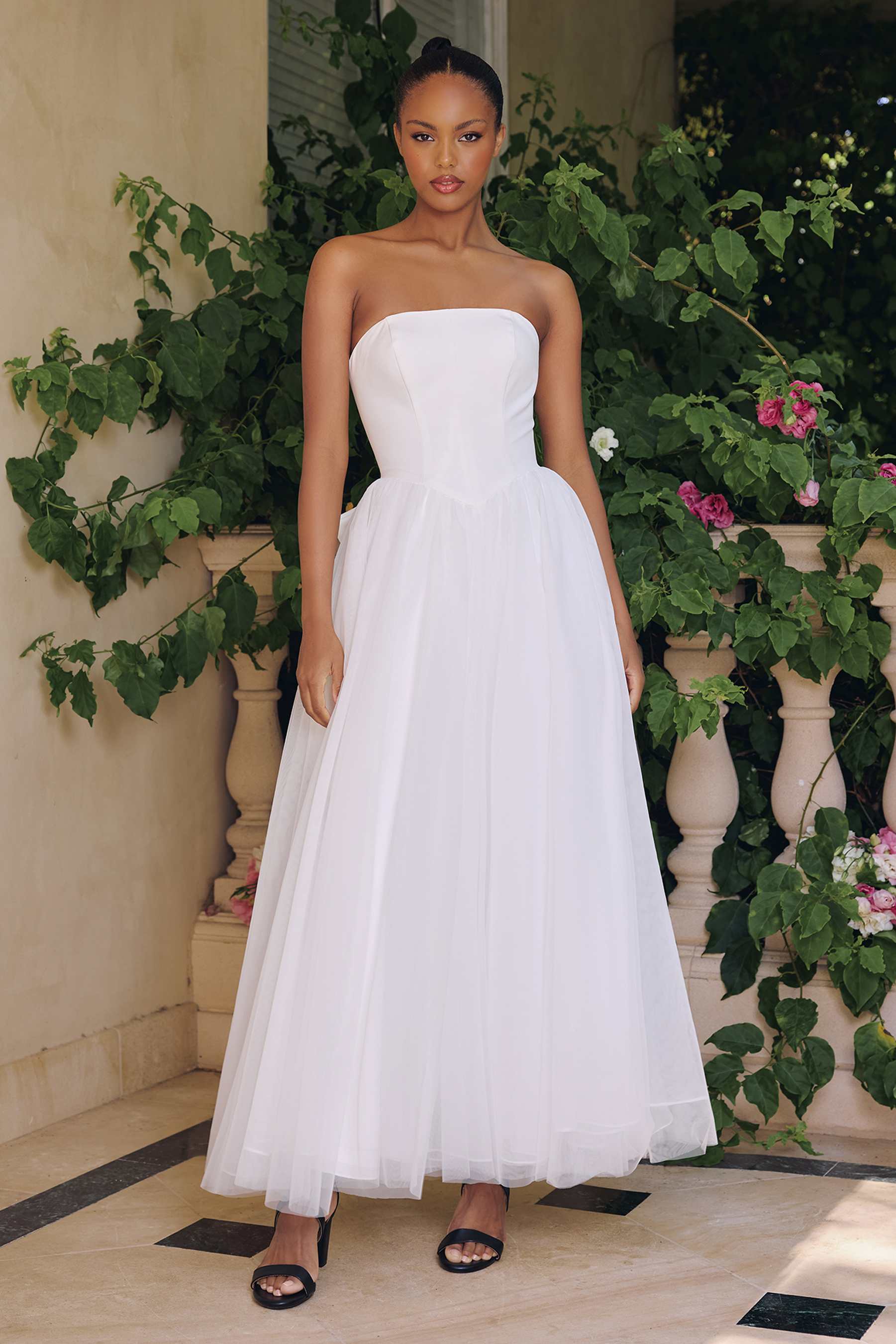 Amoris T712W Strapless Crepe Bodice A-Line Bridal Gown Layered Tulle Skirt