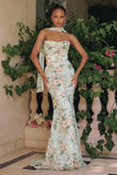 Amoris T718 Long Strapless Fitted Floral Chiffon Gown