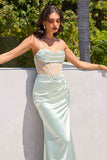 Ladivine Amoris T812 Long Fitted Sheer Bodice Cowl Neck Satin Prom Dress - SAGE