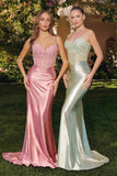 Amoris T819 Sleek Fitted Stretch Satin Sheer Corset Mermaid Gown