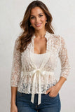 White Lace Top 3/4 Length Sleeve V Neck With Bow