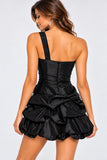 Sweet Andree U709 One-Shoulder Satin Rosette Ruched Short Party Dress