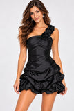 Sweet Andree U709 One-Shoulder Satin Rosette Ruched Short Party Dress
