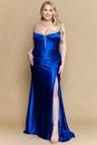 Linda W1180 Plus Size Poly Span Satin Beaded Corset Gown with Slit