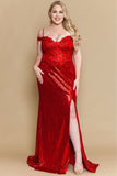 Lindas W1186 Off Shoulder Sequin Embroidered Plus Size Formal Gown with Slit