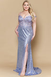 Lindas W1186 Off Shoulder Sequin Embroidered Plus Size Formal Gown with Slit