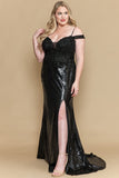 Lindas W1186 Off Shoulder Sequin Embroidered Plus Size Formal Gown with Slit