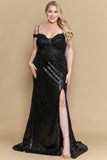Lindas W1186 Off Shoulder Sequin Embroidered Plus Size Formal Gown with Slit
