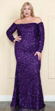 Lindas W8876 Plus Size Long Formal Sequin Off the Shoulder Long Sleeve Gown