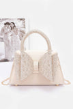 Rhinestone Ribbon Top Handle Satin Flap Bag