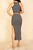 Striped High Neck Crop Top & Side Slit Midi Skirt Set