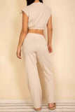 Elastic Hem Crop Top & Wide Leg Pants Set With Faux Drawstring