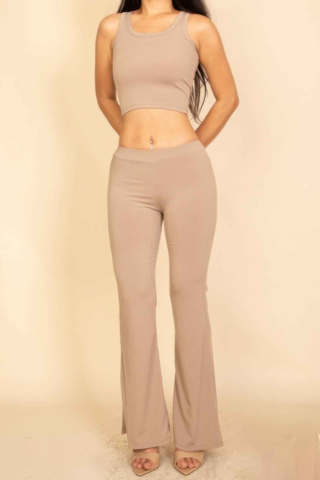 Ribbed Sleeveless Crop Top & Flared Pants Set