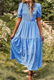 Pleated Tiered Solid Short Puff Sleeve A Line Dres