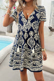 Deep V Neck Allover Print Ruffle Tassel Dress
