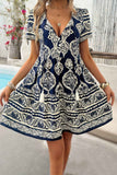 Deep V Neck Allover Print Ruffle Tassel Dress