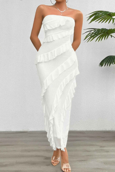 Solid Off Shoulder Ruffle Sleeveless Maxi Dress