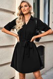 Solid V Neck Waist Tie Belt A Line Dress