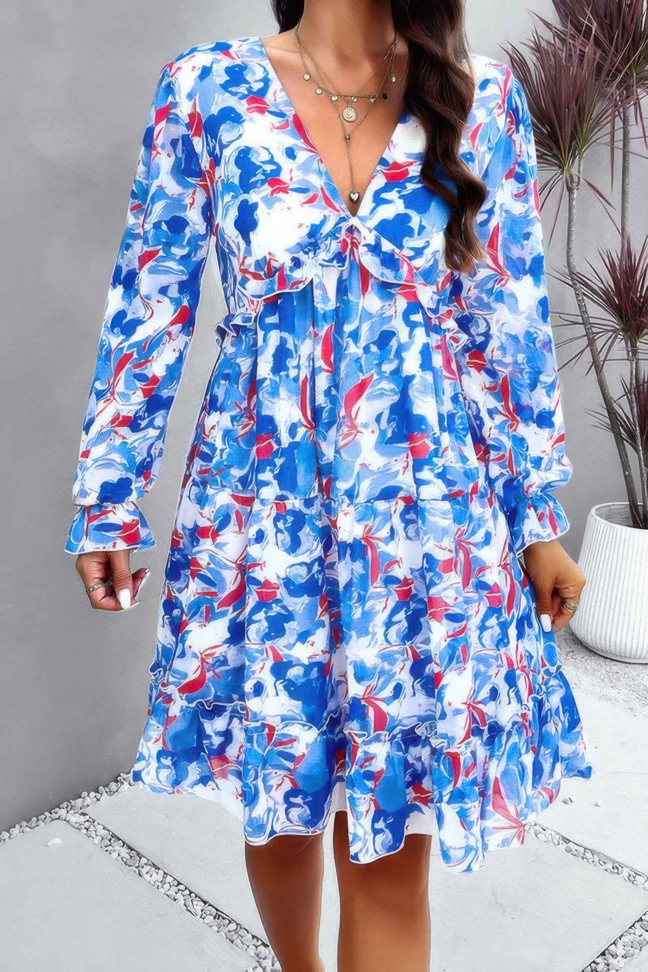 Elegant Printed V Neck Ruffled A Line Mini Dress