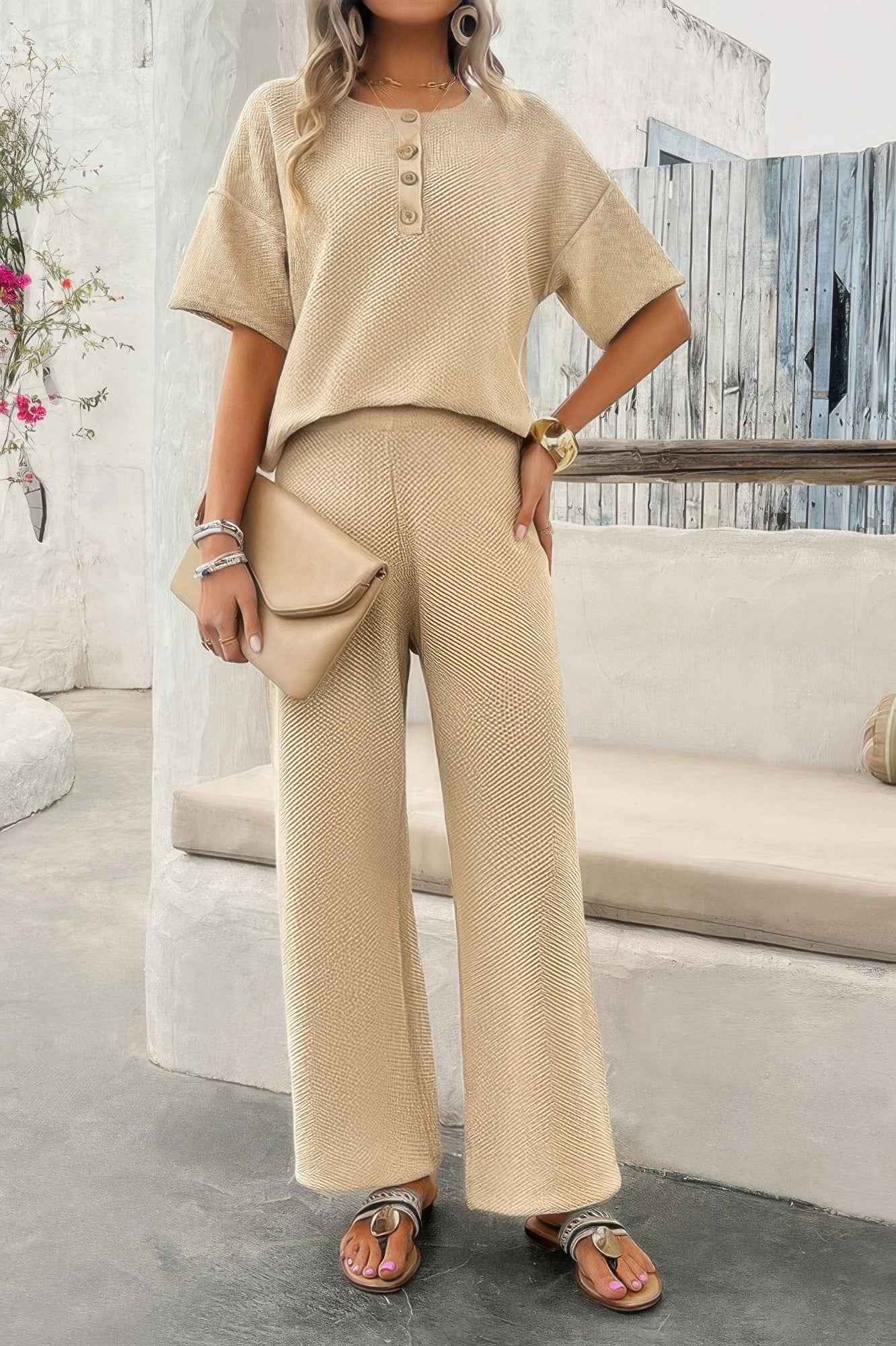 Two Pieces Outfits Knitted Crew Neck Button Set