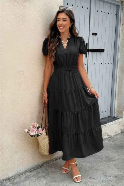 Solid V Neck Color Block Elastic Waist Dress