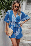 Leaf Print V Neck Belt Fit Bat Sleeves Romper